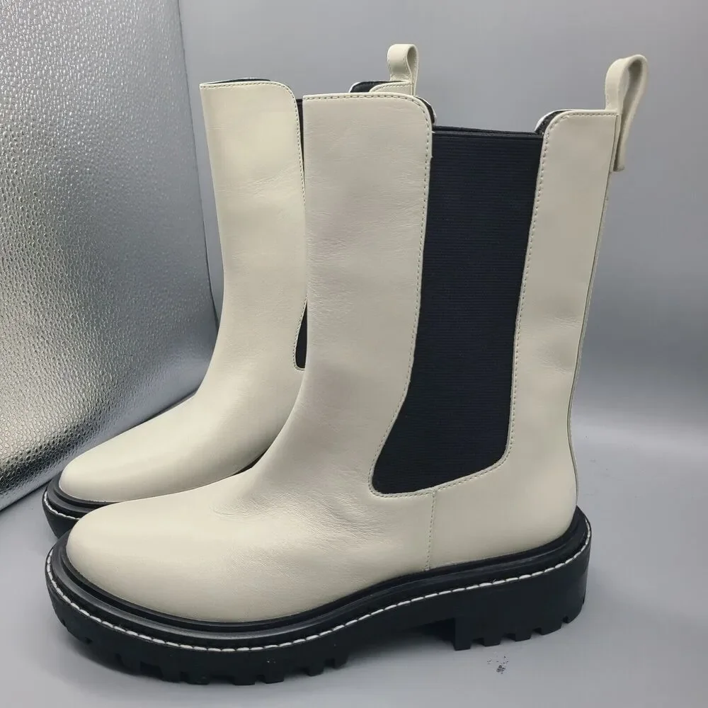 TORY BURCH Womens Benton Boots Pull On Chelsea Ivory Leather Midcalf sz 8.5 New